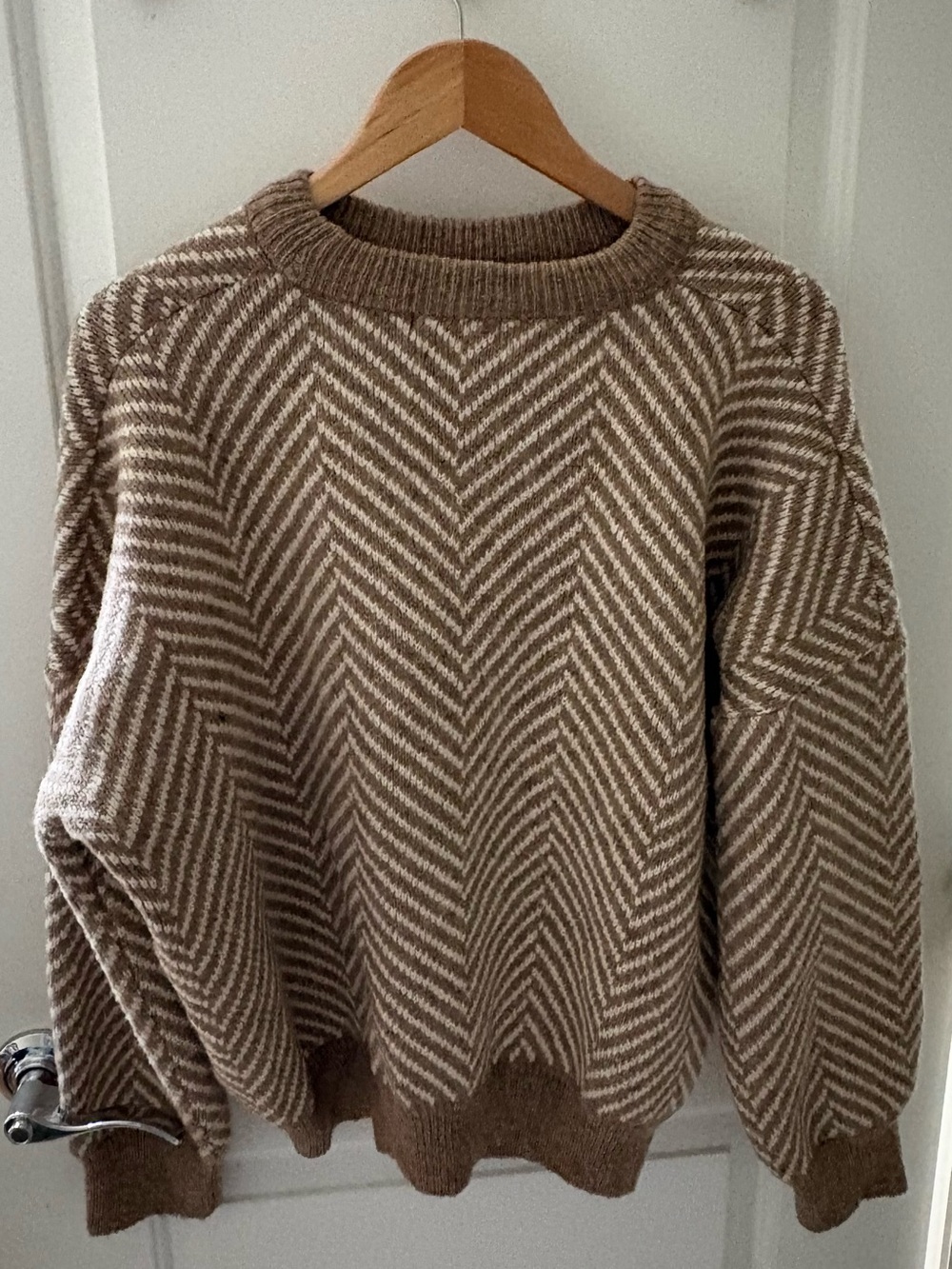OAK + FORT Chevron Crewneck Sweater in Brown and Cream